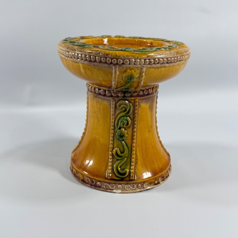 VTG Majolica Pillar Candle Holder Stand Bird Bath Amber Yellow‎ Green Ceramic